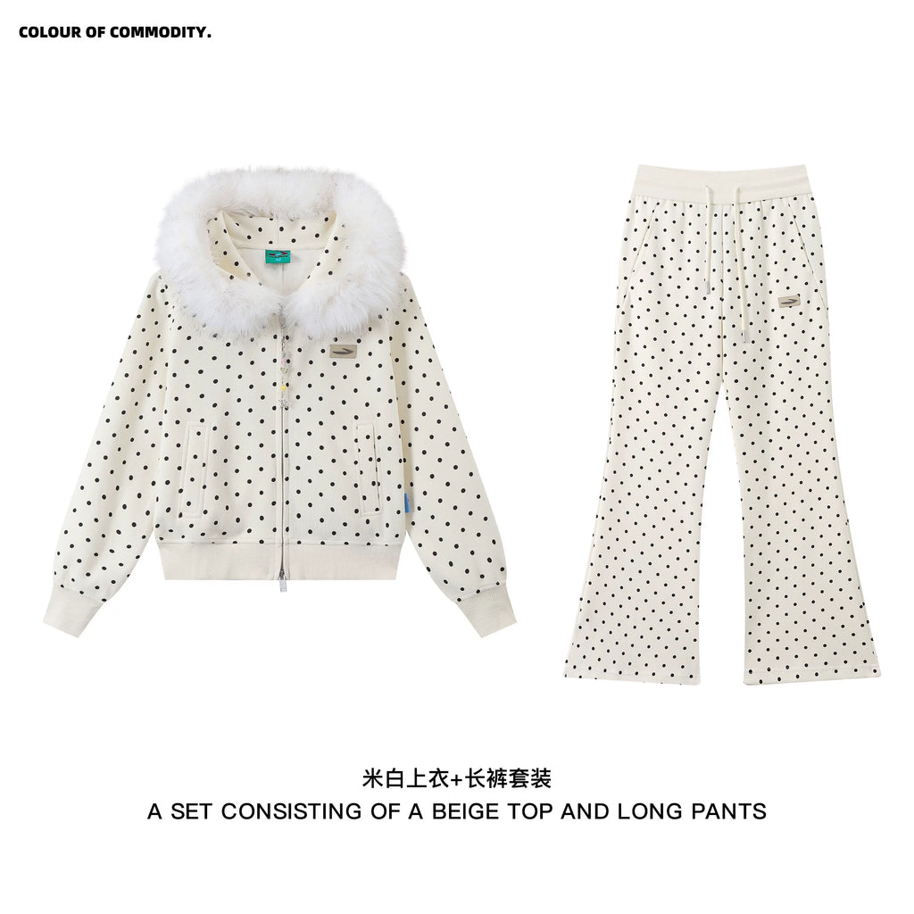 Mr. Jiangnan NewJNXS Polka Dot Detachable Fur Collar Cropped Cardigan Sweatshirt Set