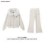 Mr. Jiangnan NewJNXS Polka Dot Detachable Fur Collar Cropped Cardigan Sweatshirt Set