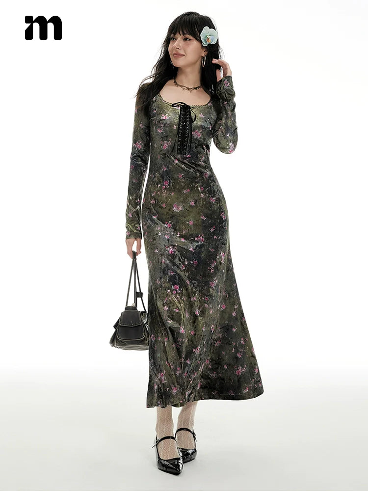 Imone Retro Chest Strap Waist Slim Square Neck Velvet Dress