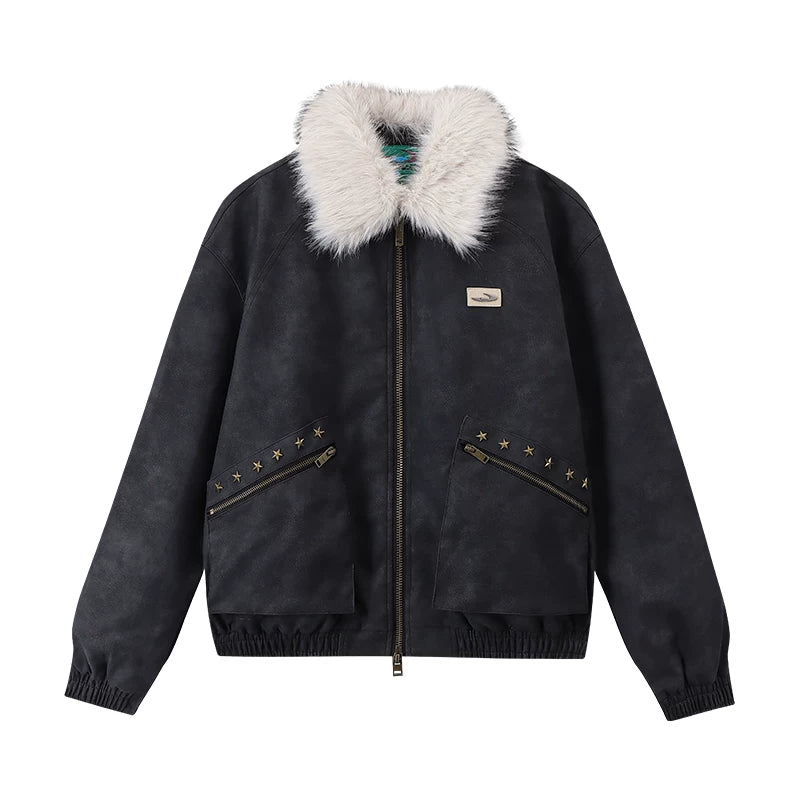 Mr. Jiangnan NewJNXS Retro PU Leather Jacket with Detachable Fur Collar