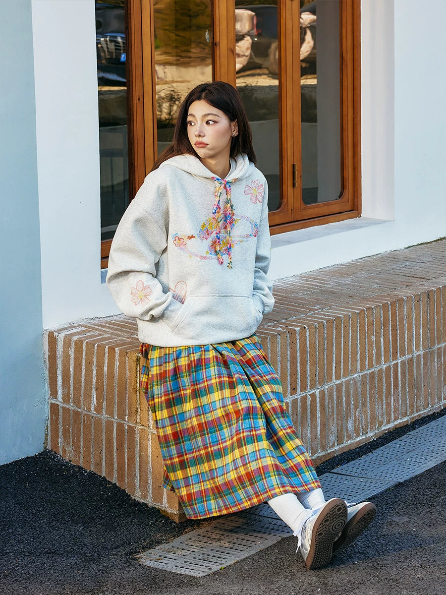 Harshandcruel Cute Furry Drawstring Crayon Flower Korean Couple Hooded Sweatshirt