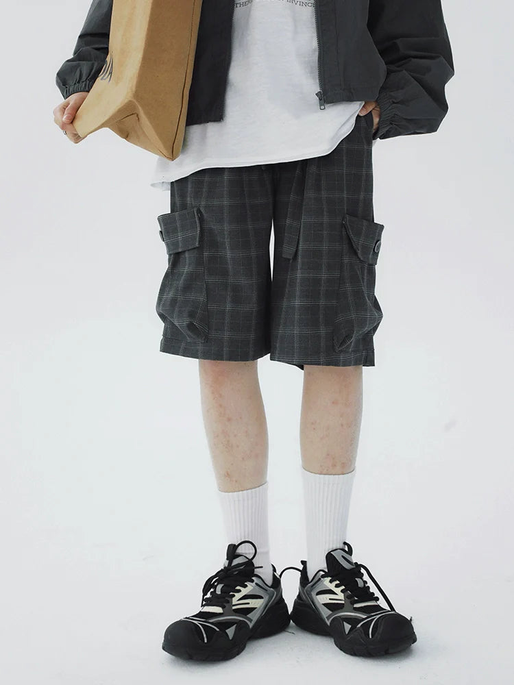 STILLYOU Simple Double Overalls Pocket Plaid Suit Shorts