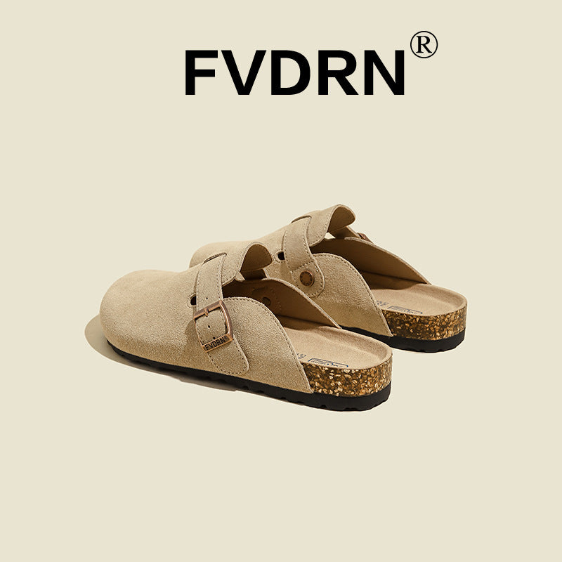 FVDRN Genuine Leather Cork Sole Clog Slippers