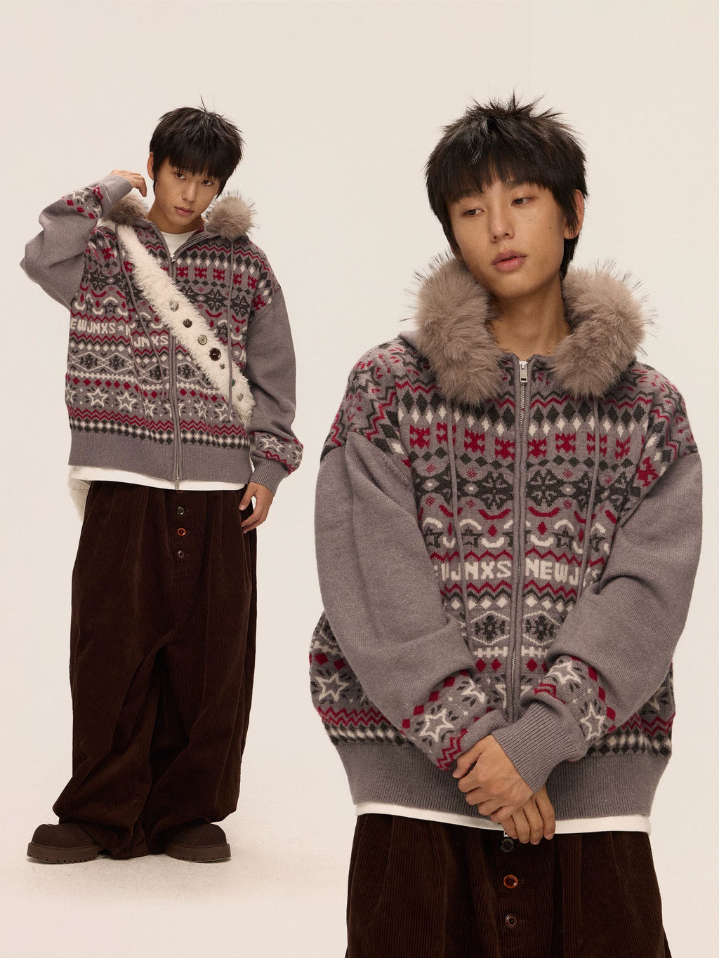Mr. Jiangnan & andall Fair Isle Detachable Fur Collar Knit Cardigan