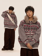 Mr. Jiangnan & andall Fair Isle Detachable Fur Collar Knit Cardigan