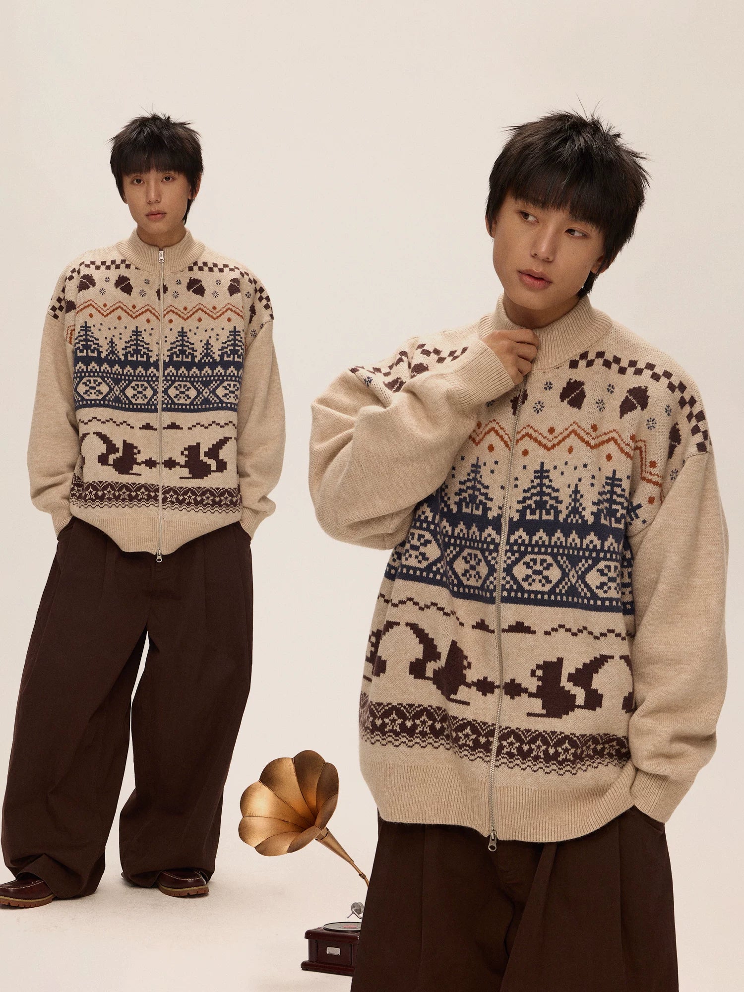 Mr. Jiangnan NewJNXS “Fair Isle Night” Stand Collar Jacquard Sweater