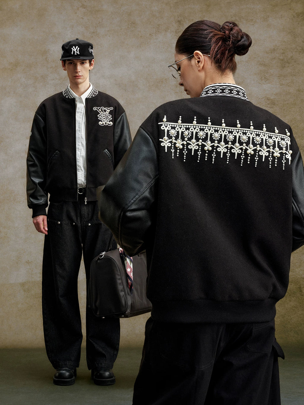 YADcrew Fair Isle Threaded Collar Nailed Pearl Baseball Jacket