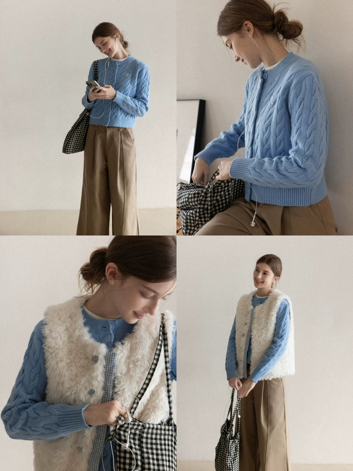 cantonstory Blue Embroidered Twist Knit Cardigan Sweater