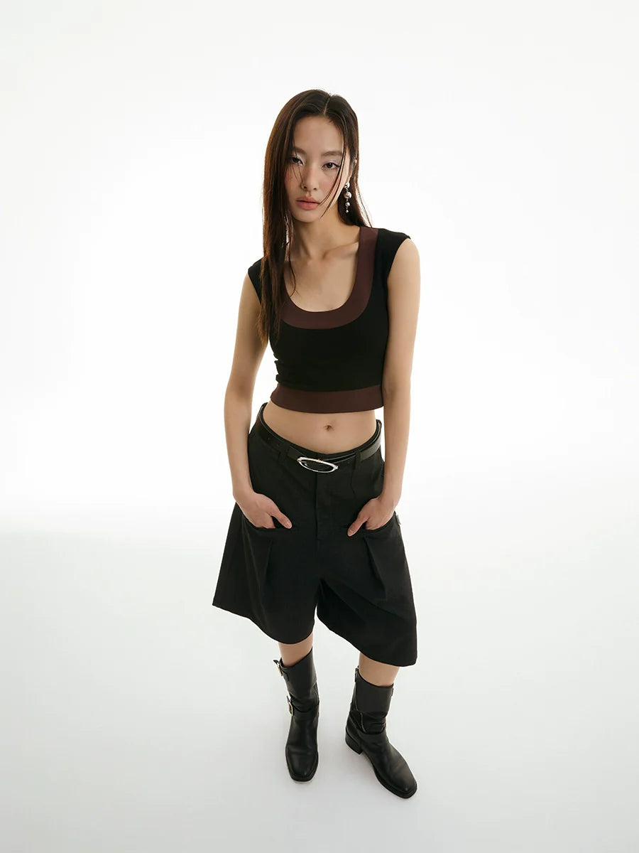 FUNKYFUN Contrast Color Large U-neck Sleeveless Vest