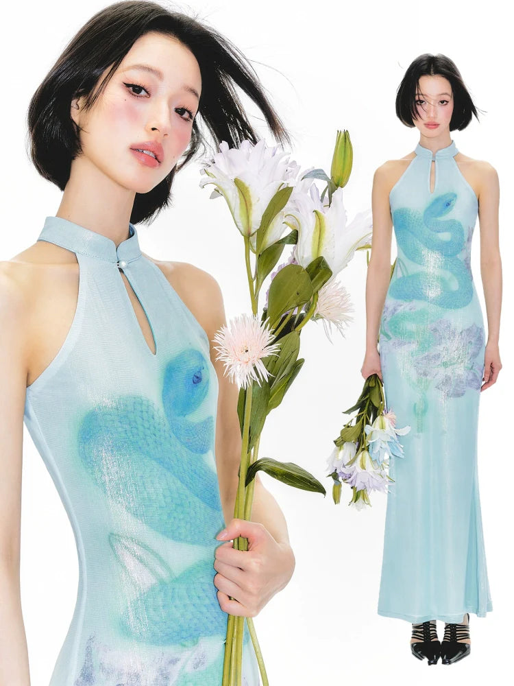 YEDM Blue Snake Print Neck Cheongsam Dress