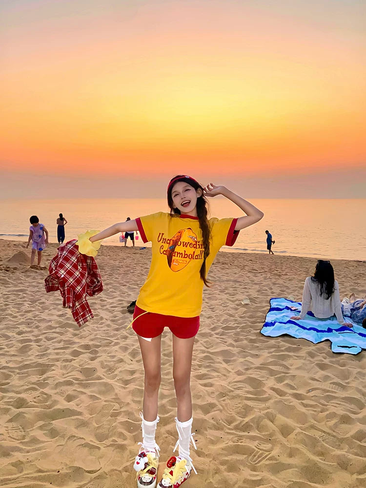 SIXMINU Contrast Shoulder Pure Cotton Round Neck T Shirt