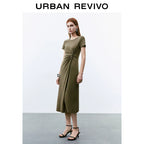 URBAN REVIVO Pleated Slit Slim Short Sleeve Dress