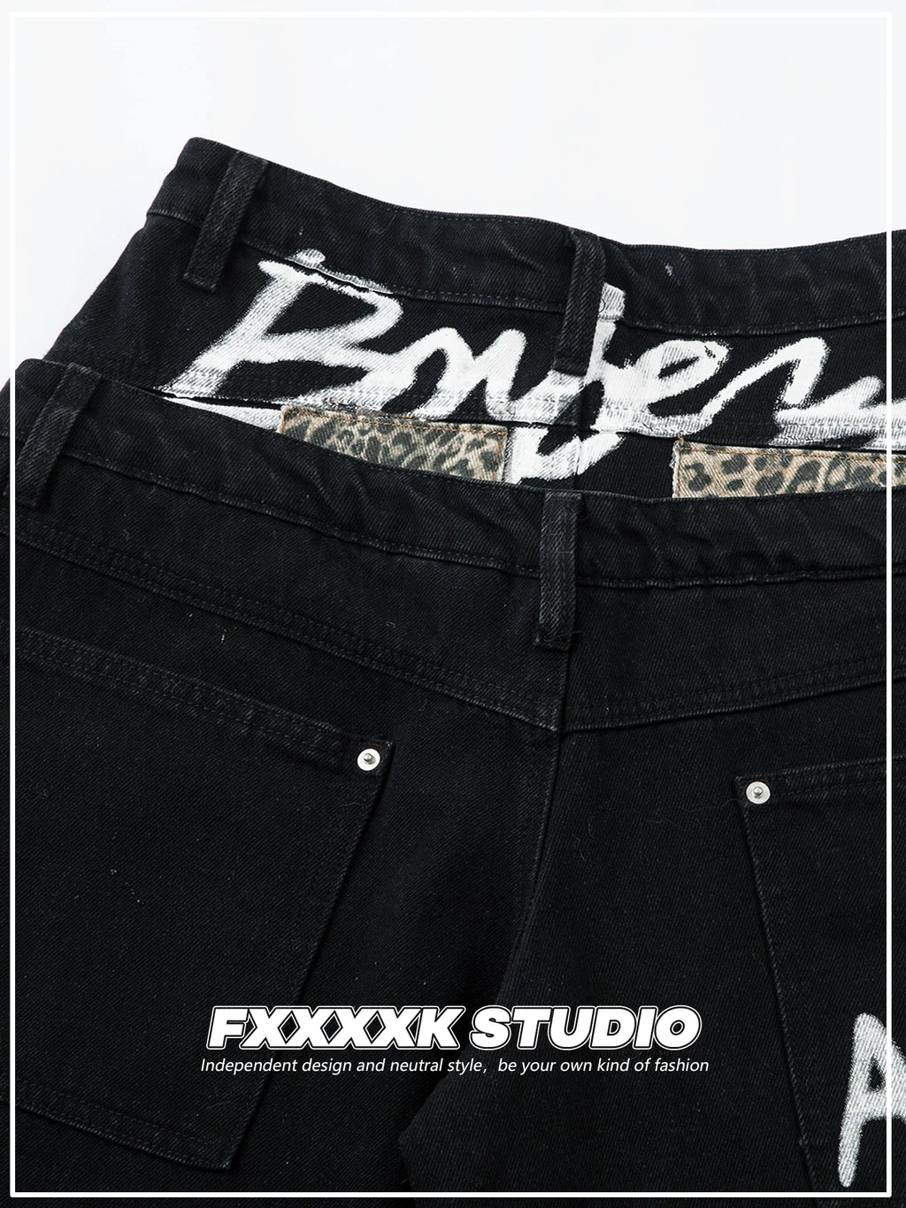 FXK Original Double Waist Leopard Stitching Graffiti Jeans
