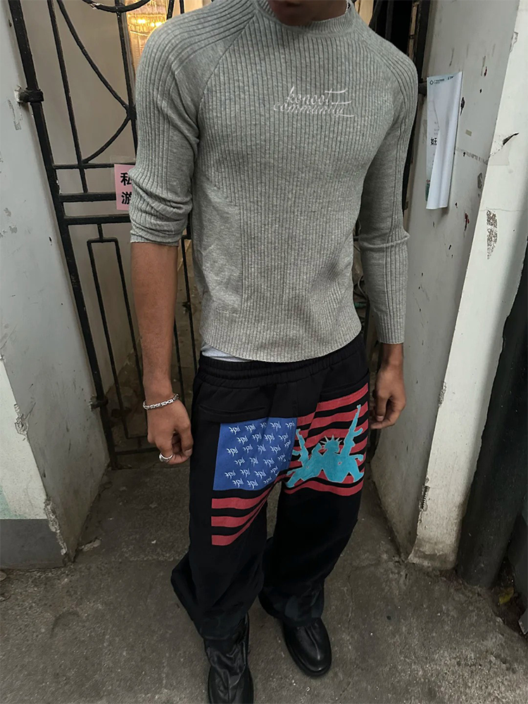 Community Letter Embroidery Slim Fit Sweater