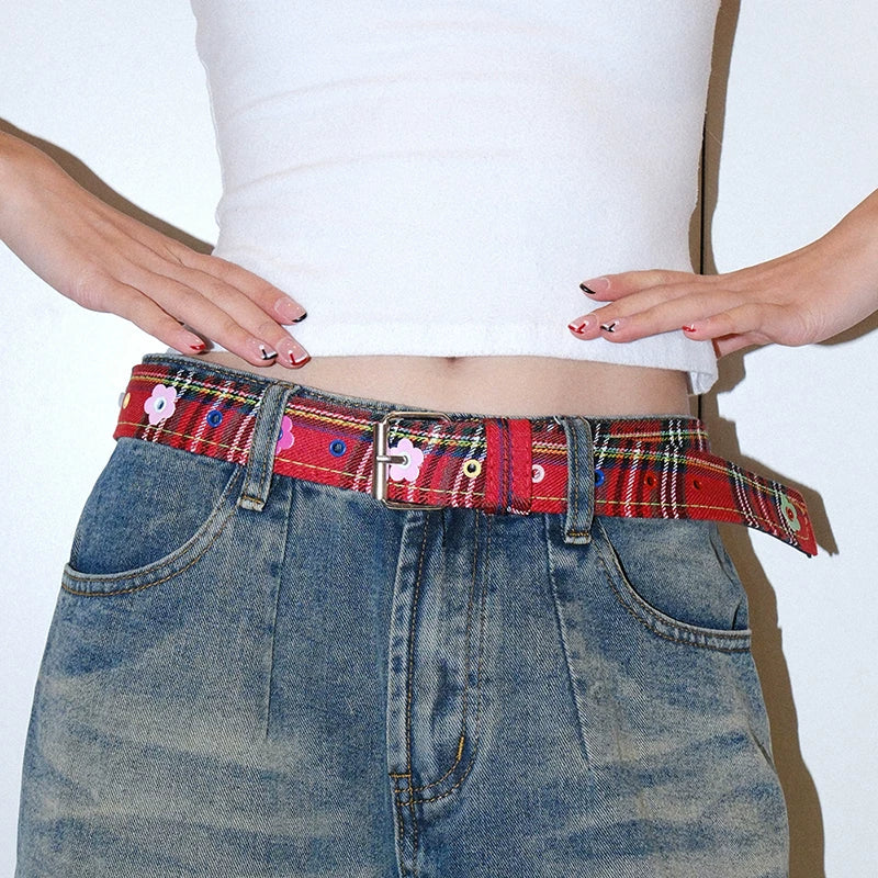 Darkblue Store Red Flower Stitching Punch-Free Plaid Belt