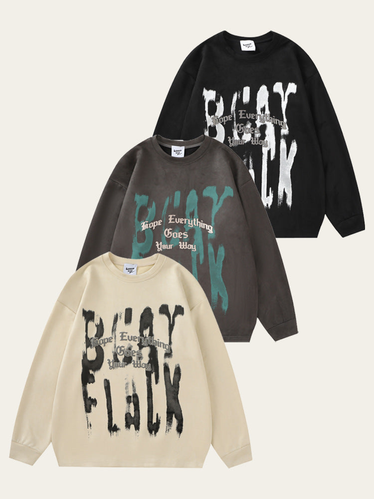 Vintage American Retro Graffiti Letter Suede Sweatshirt