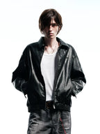 WHOOSIS Face Patch Leather Quilted Baseball Jacket