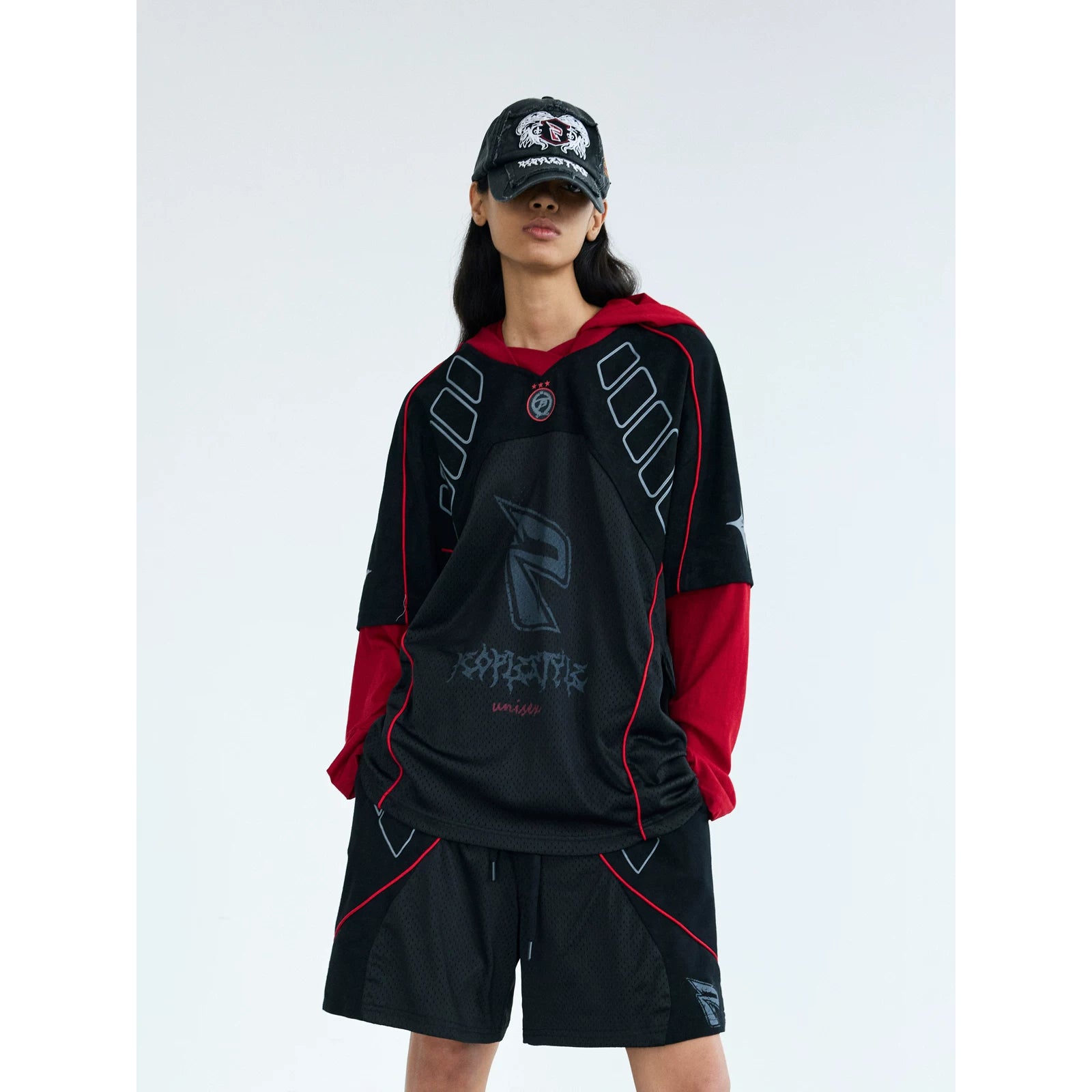 PEOPLESTYLE Racing Stitching Fake Two-Piece Quick-Dry Hooded Jersey