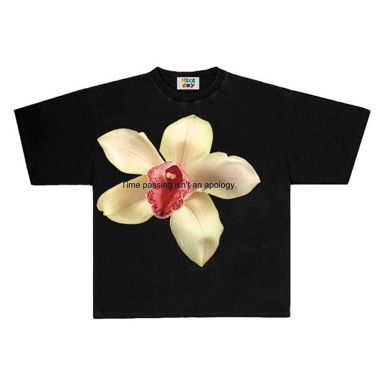 GOODGOD Flower Letter Printed Short-Sleeve