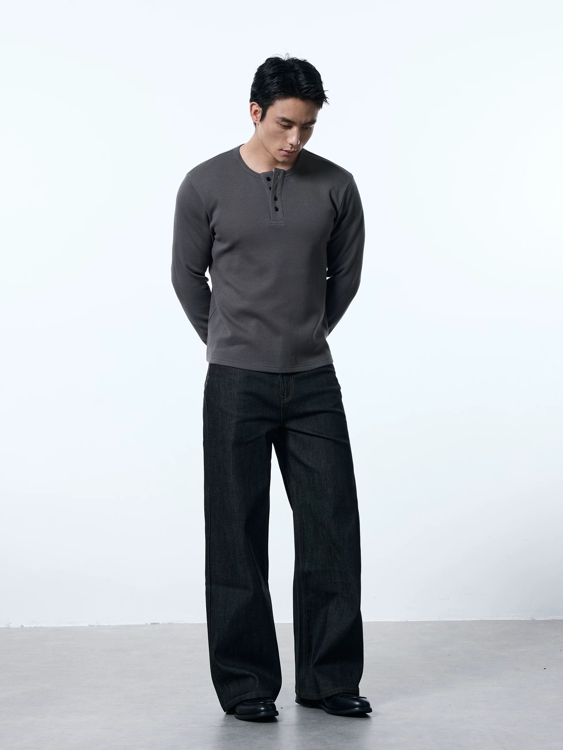 ONEFIT MAX Pure Cotton Henry Collar Waffle Long Sleeve Top