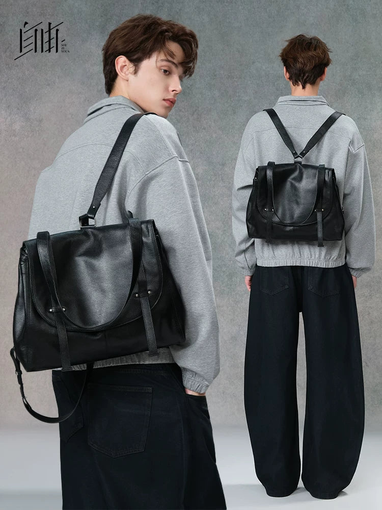 SFREEYA Retro Cowhide Messenger Backpack