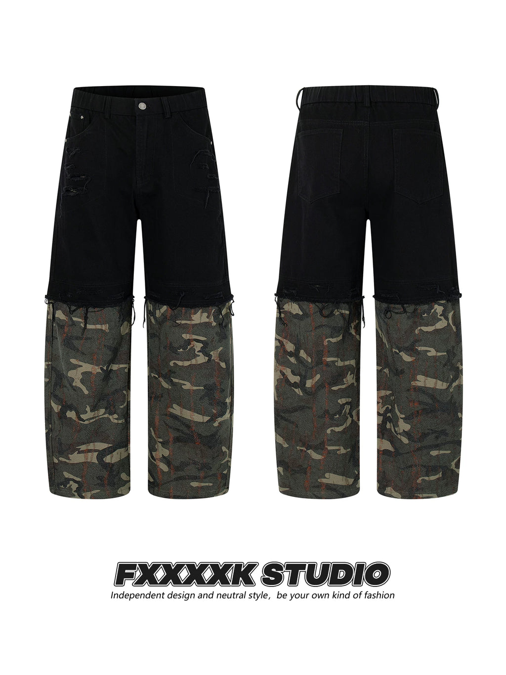 FXK Original Denim Splicing Camouflage Overalls