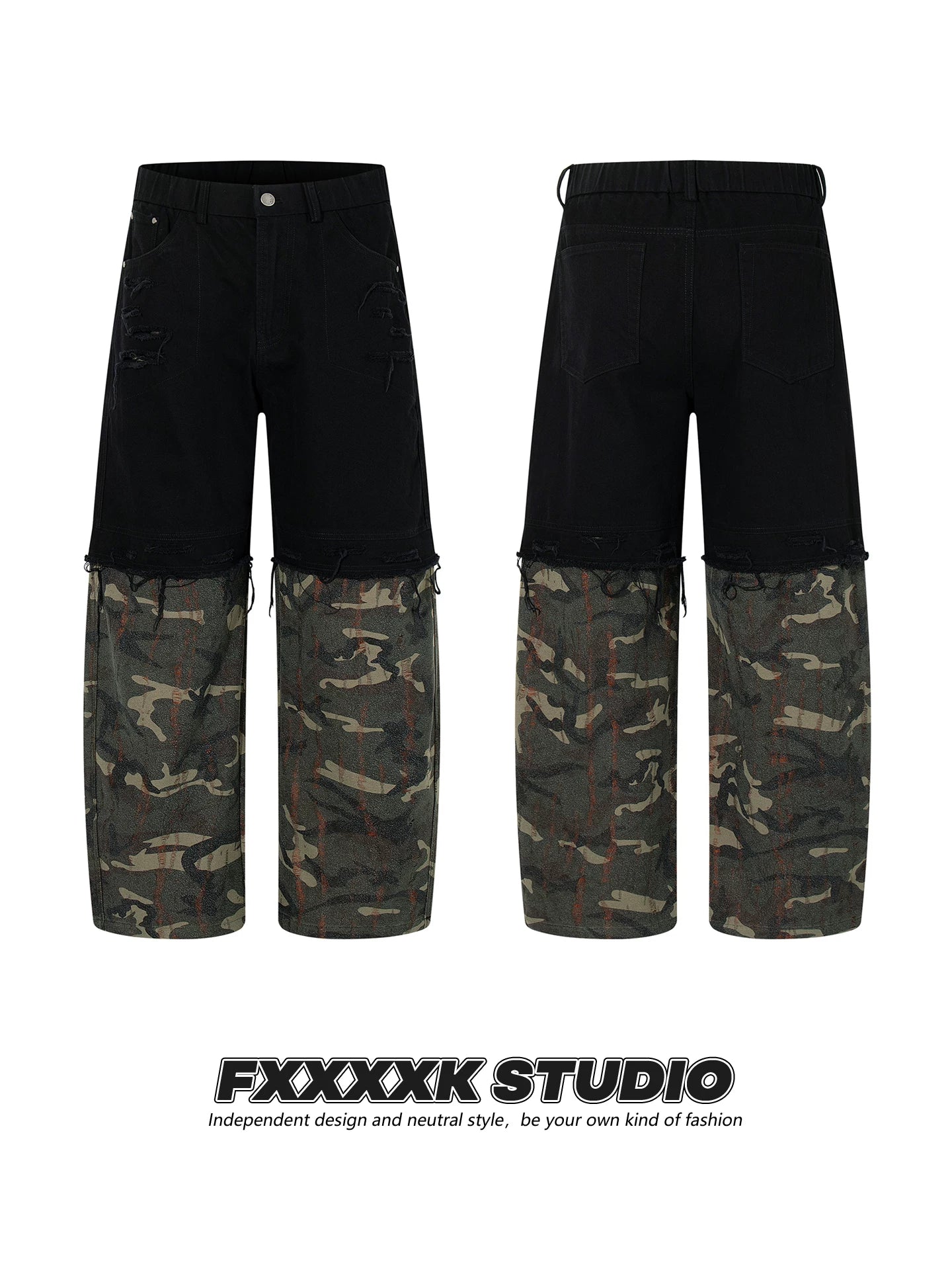 FXK Original Denim Splicing Camouflage Overalls
