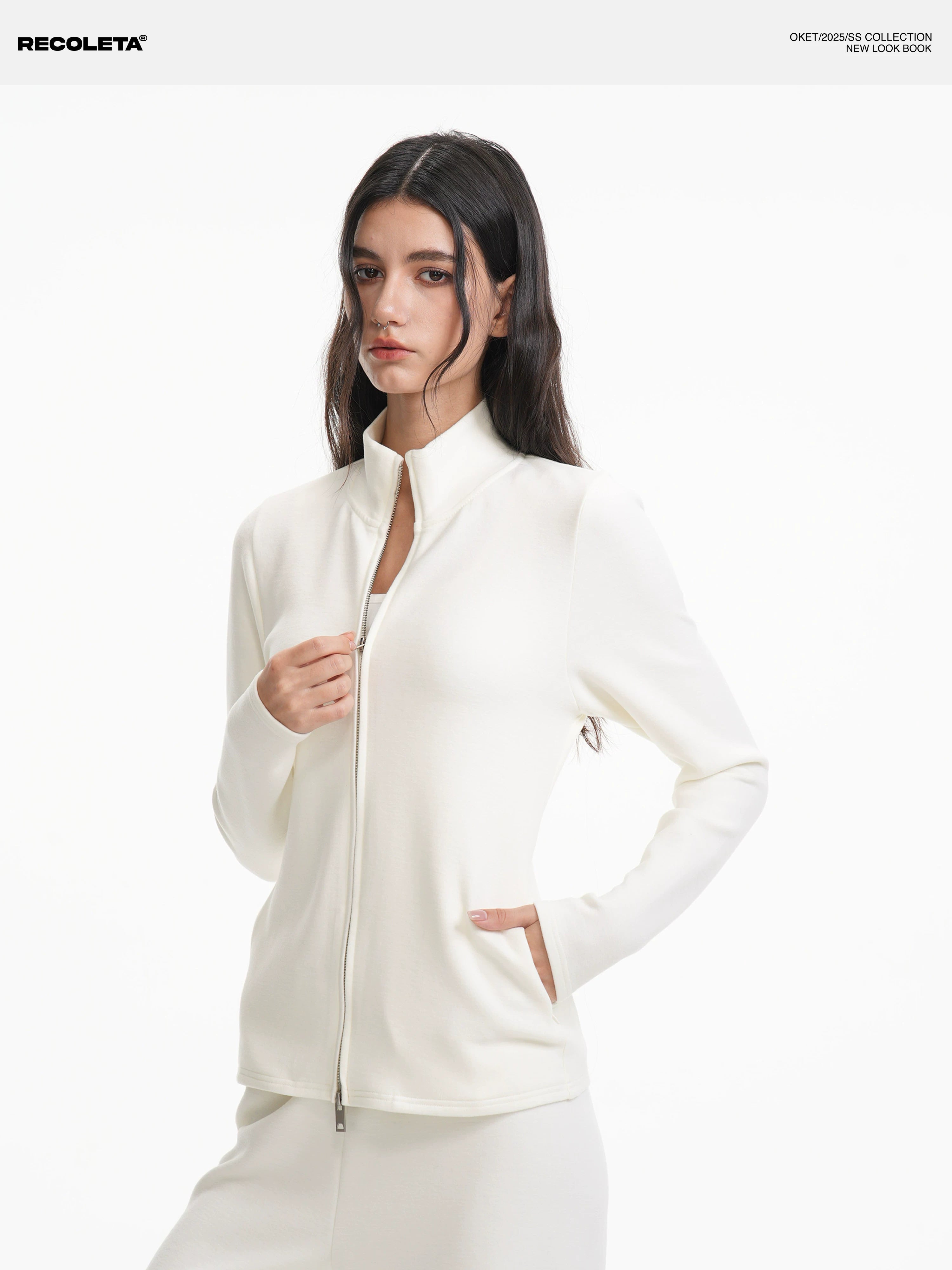 RECOLETA Lazy Wool Zipper Stand Collar Cardigan Set