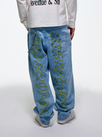 AVENUESON Two Color Heavy Embroidery Straight Wide Leg Jeans