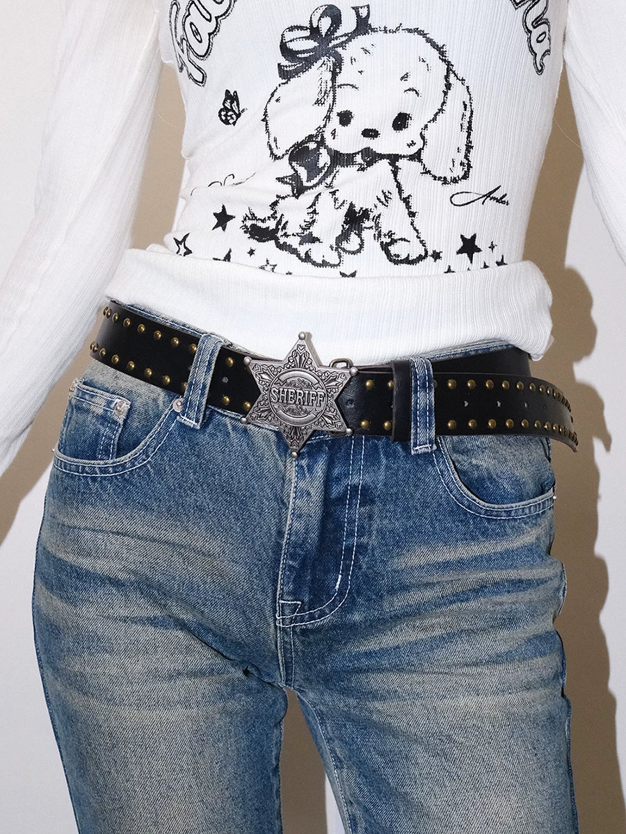 Darkblue Store Western Star Carved Rivet Punk Denim Belt