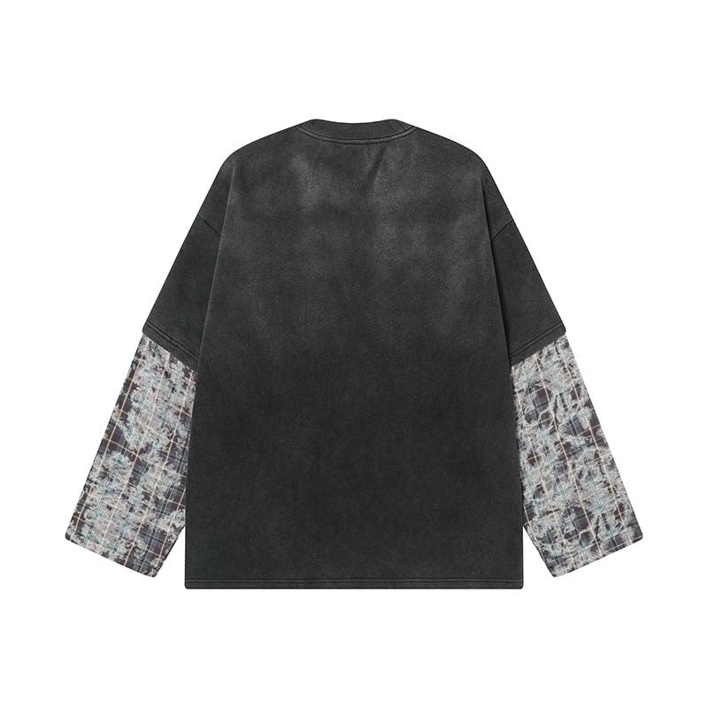 High Street Racing Letter Print Plaid Splice Fake Two-Piece Long-Sleeve Tee