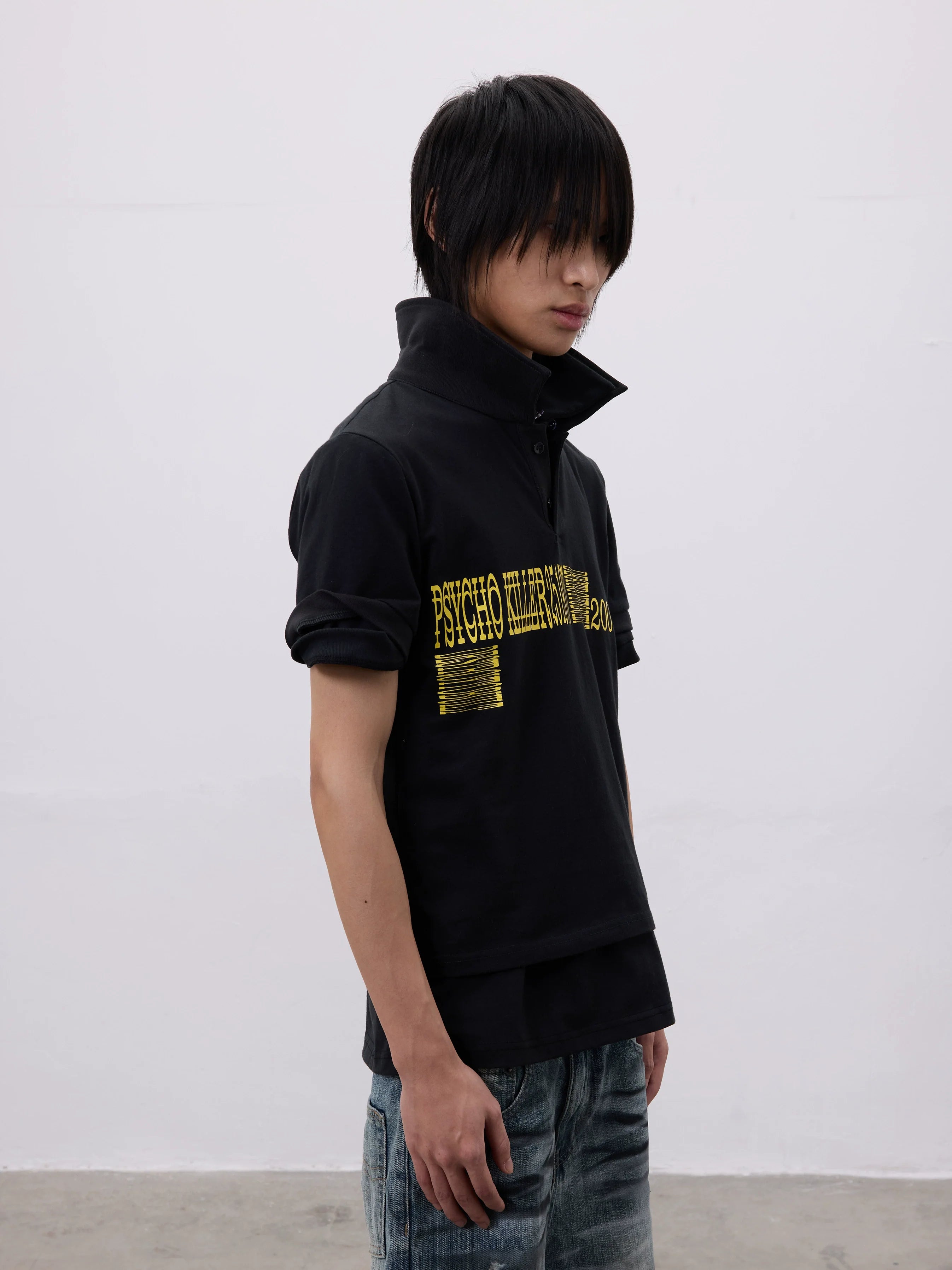 CHAI Slogan Printed Fur Collar Removable Slim-fit POLO Shirt