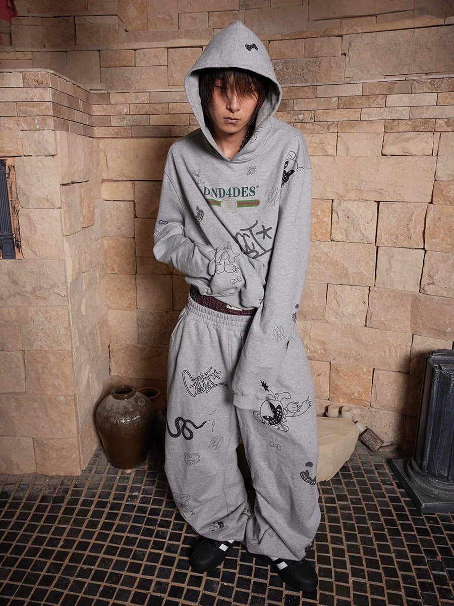 DND4DES Graffiti Print Double Waist Splicing Gray Sweatpants