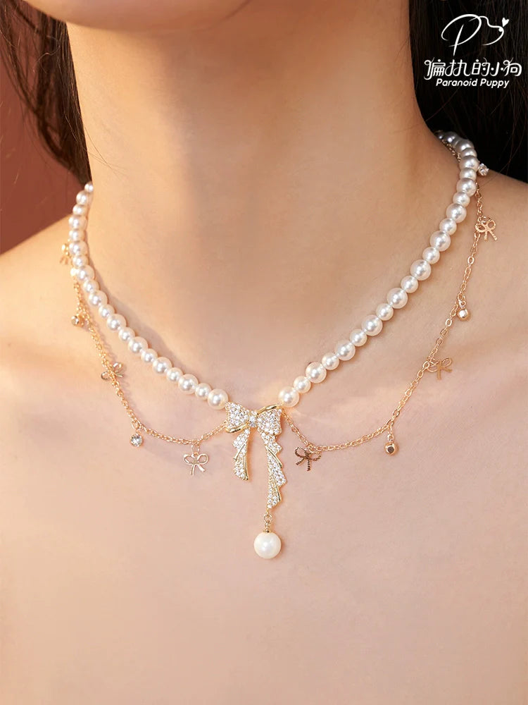 PP Bow Pearl Fringed Necklace
