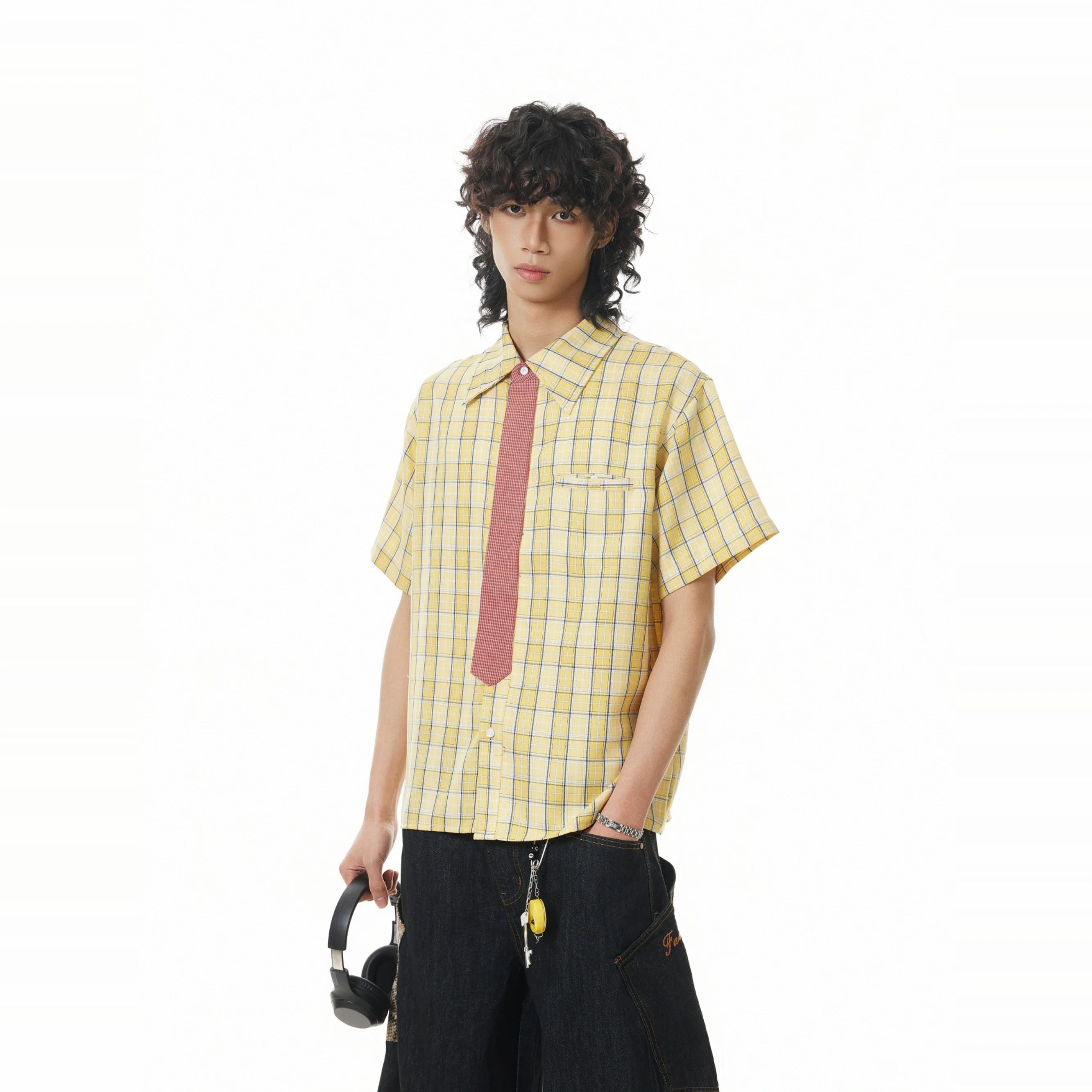 BTSG Detachable Tie Plaid Short Sleeve Shirt