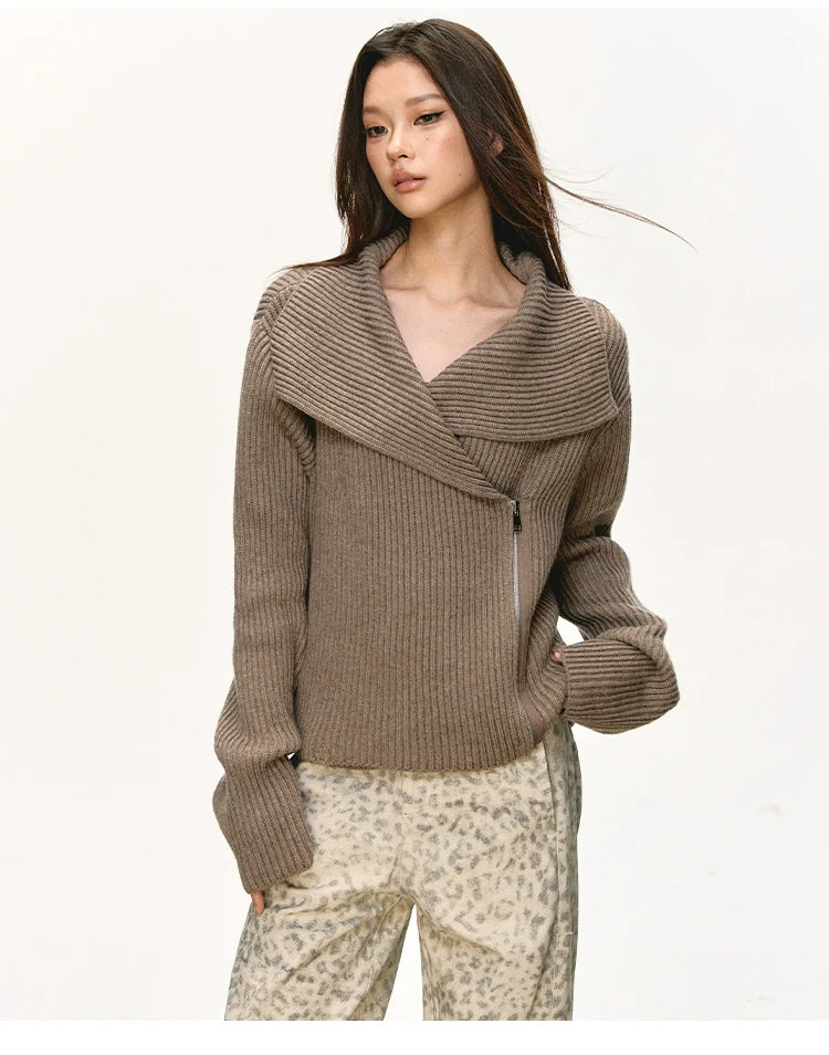 Anna Aneae Big Lapel Zip-up Sweater Jacket