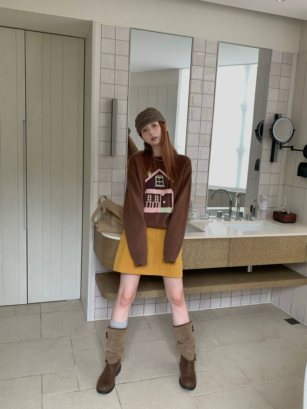 CCKOK Color Block Jacquard Round Neck Sweater