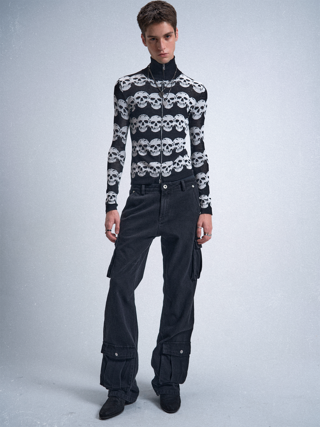 noEmosen Black White Skull Jacquard Wool Cardigan Jacket