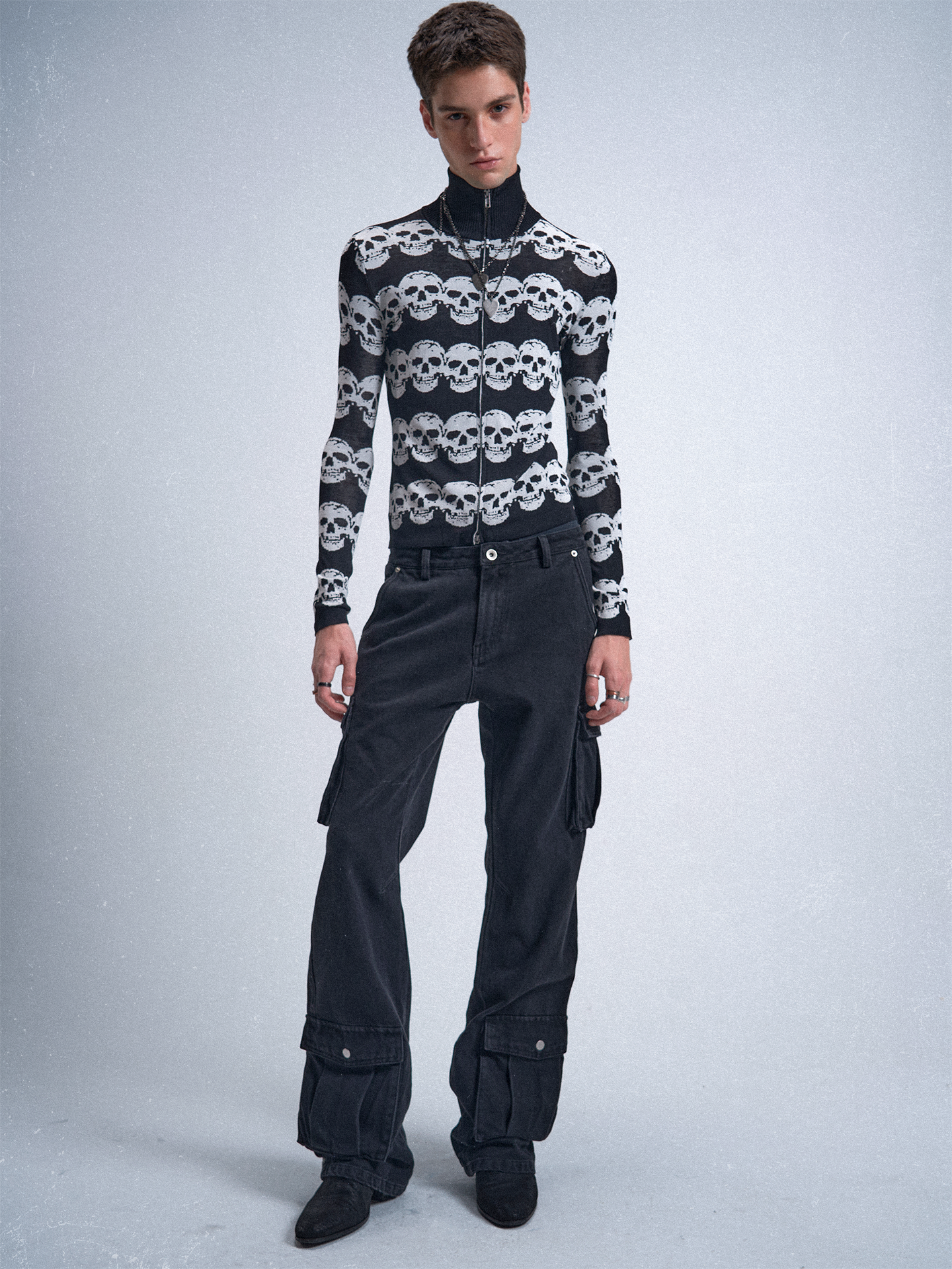 noEmosen Black White Skull Jacquard Wool Cardigan Jacket