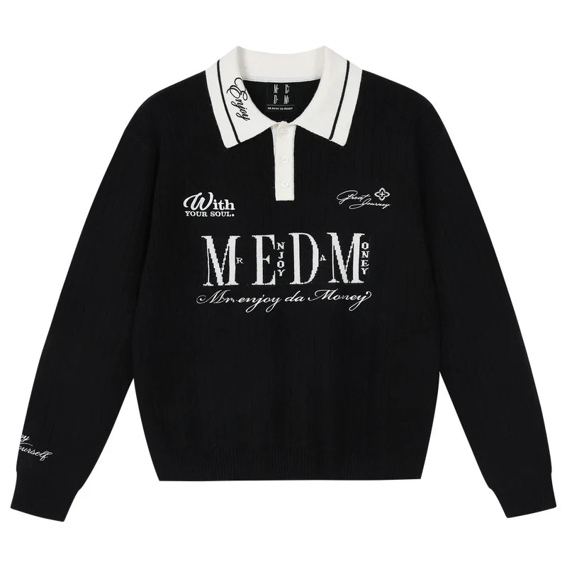 MEDM Contrasting Casual Monogram Embroidered Lapel Knit