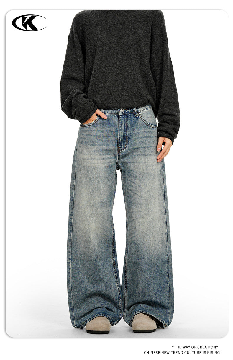 11KN Retro White Casual Loose Wide-leg Floor-mopping Trousers