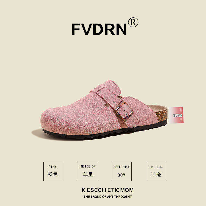 FVDRN Genuine Leather Cork Sole Clog Slippers