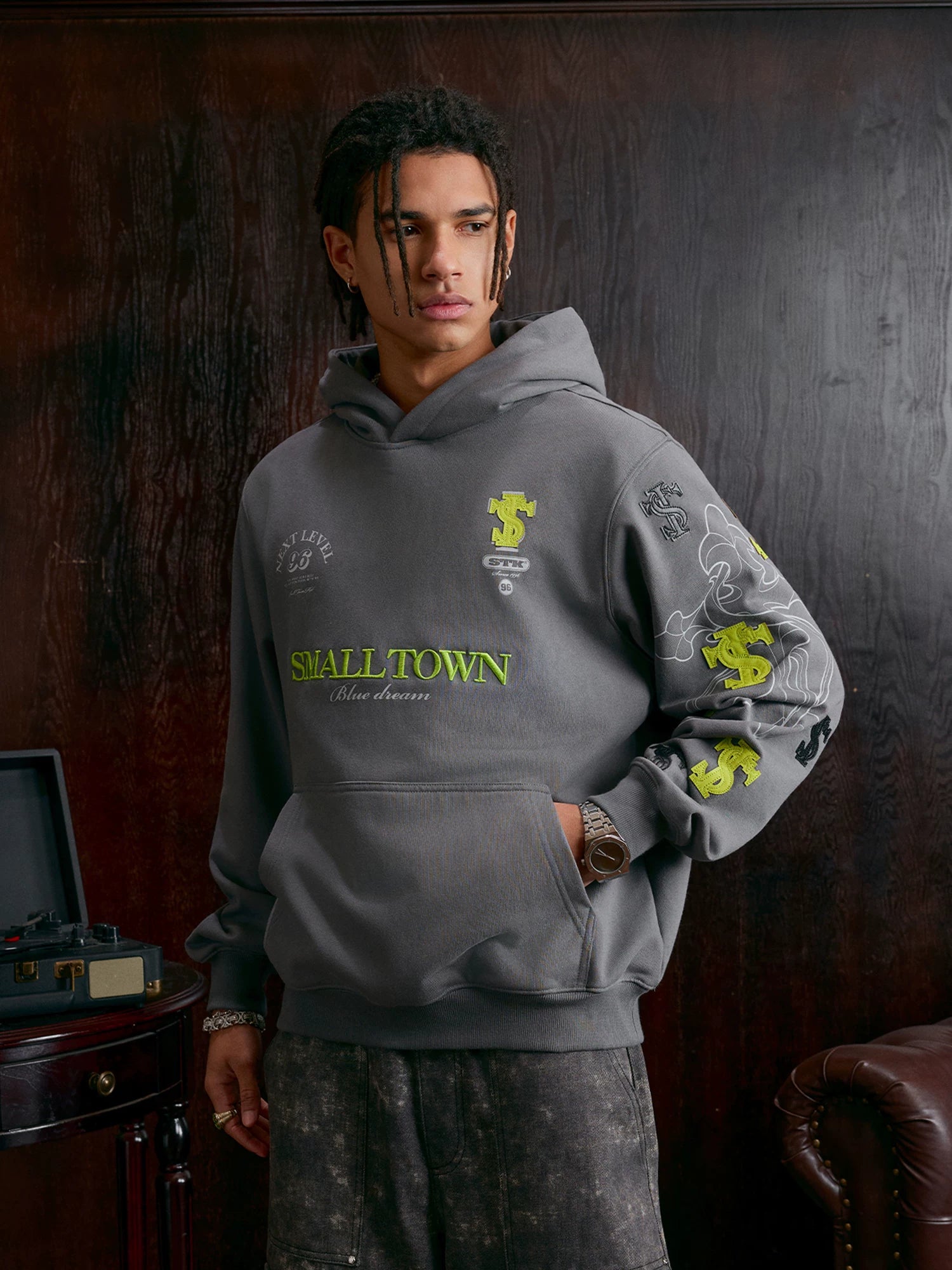 STK SmallTownKid Cross Patch Leather Hooded Sweatshirt