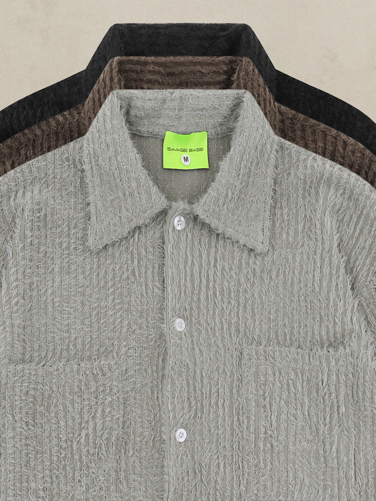 American Vertical Striped Textured Lapel Long-Sleeve Shirt