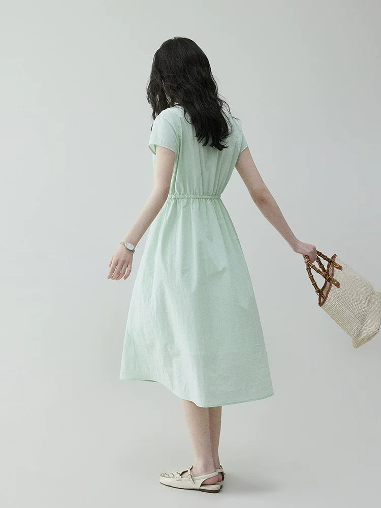 VOOE Pleated V-neck Waist Short-sleeved Dress