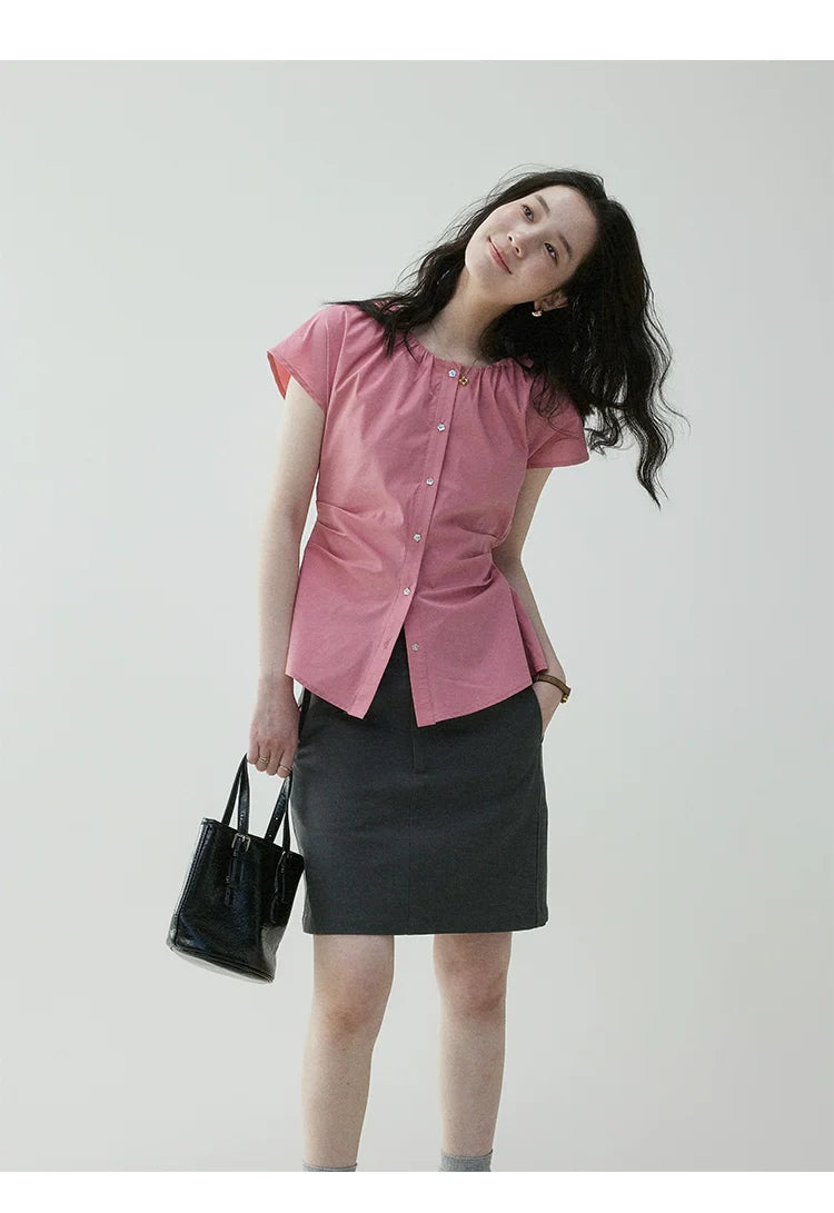 VOOE Waist Pleated Strap Slim-fit Shirt