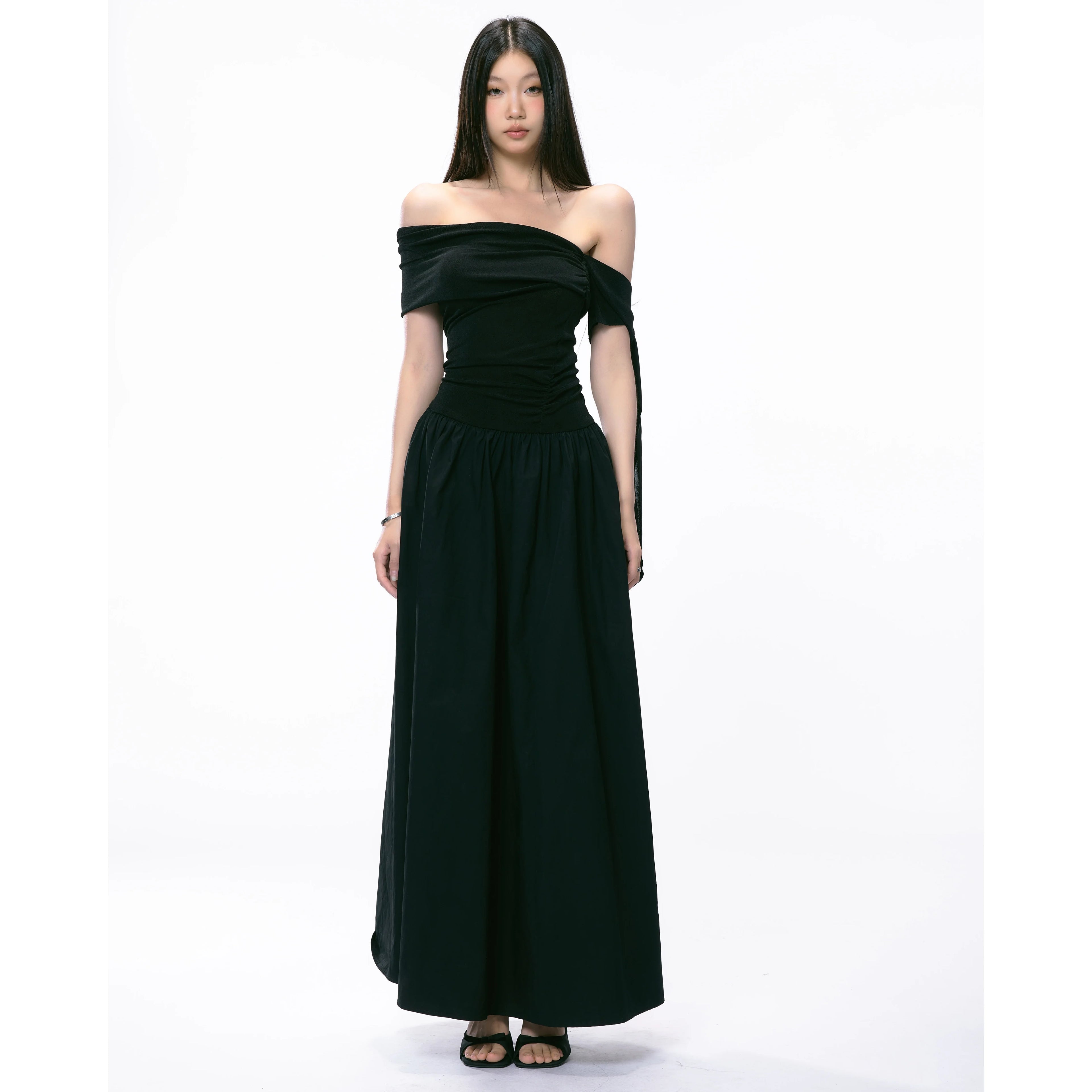 WTIHMIN Slanted Shoulder Strap Off-the-shoulder Dress