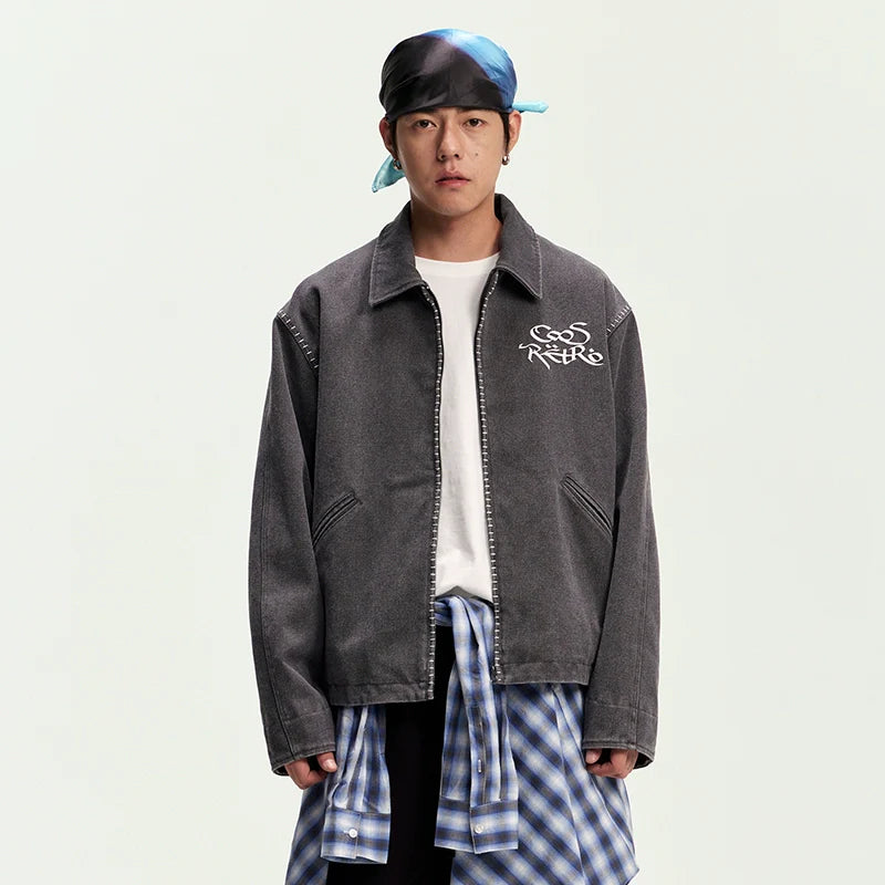 CoosRetro Vintage One-Word Embroidered Craft Shirt Jacket