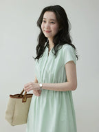 VOOE Pleated V-neck Waist Short-sleeved Dress