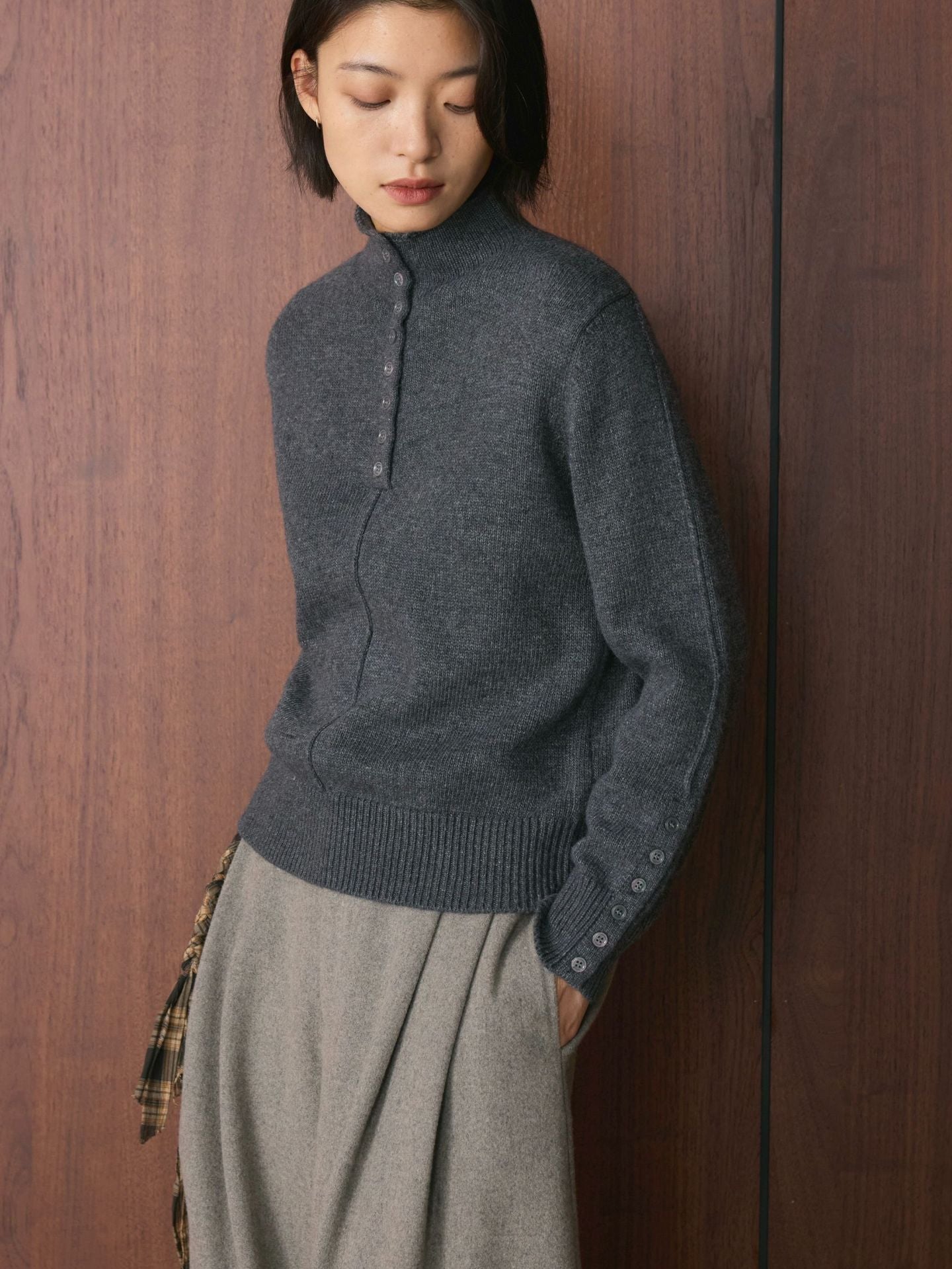 Louvre Winter Korean Style Half Turtleneck Multi-Button Knit Sweater